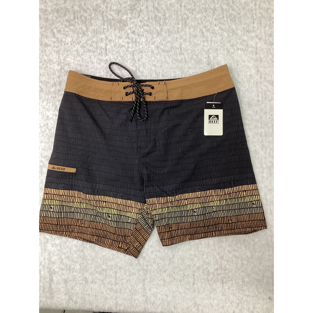 Reef Remy Fixed Waist Boardshorts Caviar Black Tan 17 Inch Outseam Mens 34 NEW